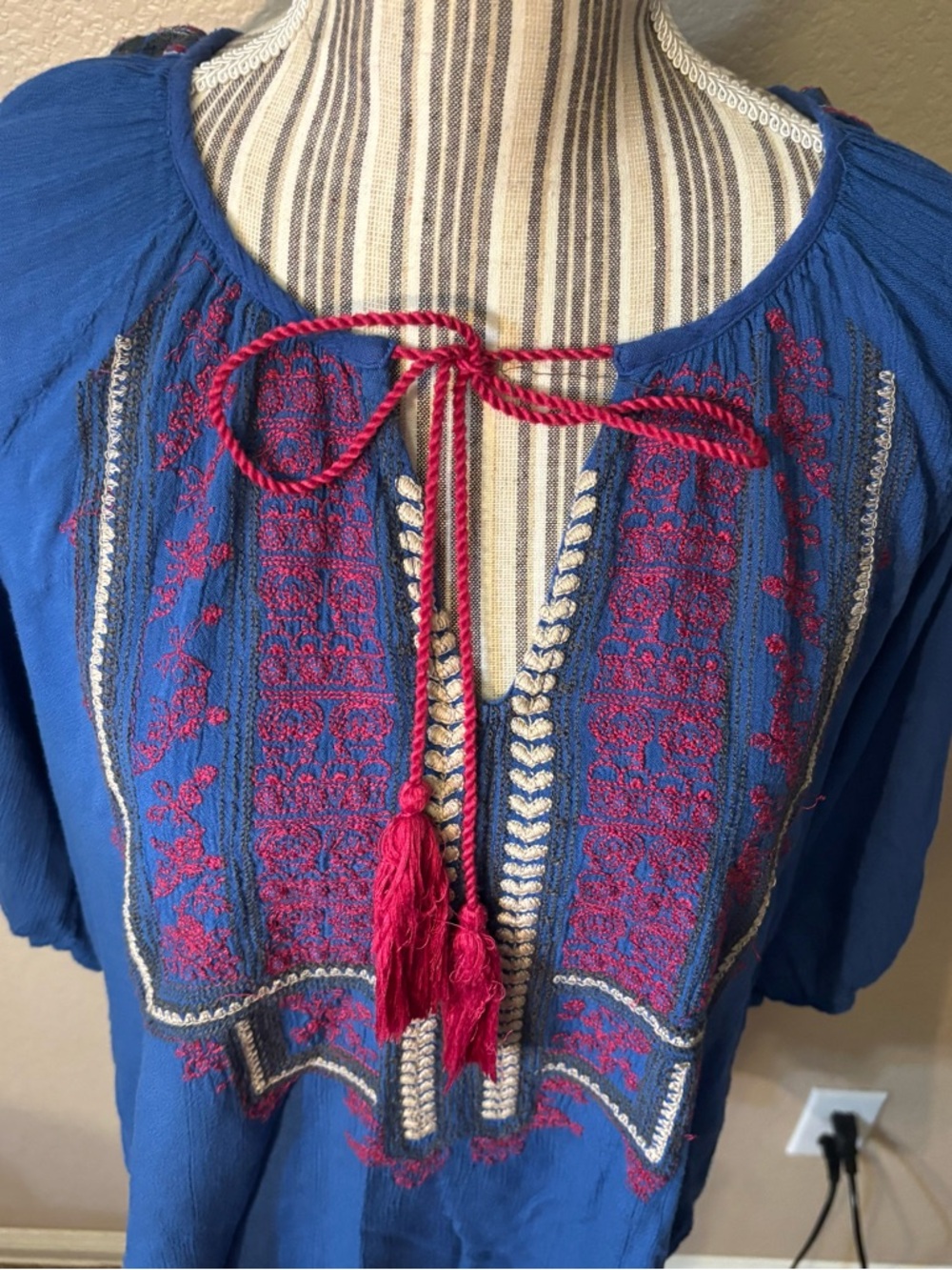 Hazel Boho Top Large Blue Embroidered Peasant Tunic Magenta Tassels 3/4 Sleeves - Picture 2 of 16